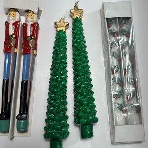 Vintage Soldier, Christmas trees, holly and berry 10" Taper Candles Set Of 2ea